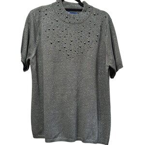 Susan Graver Style XL Knit Short Sleeve Top W/ Embellished Beading Design Gray